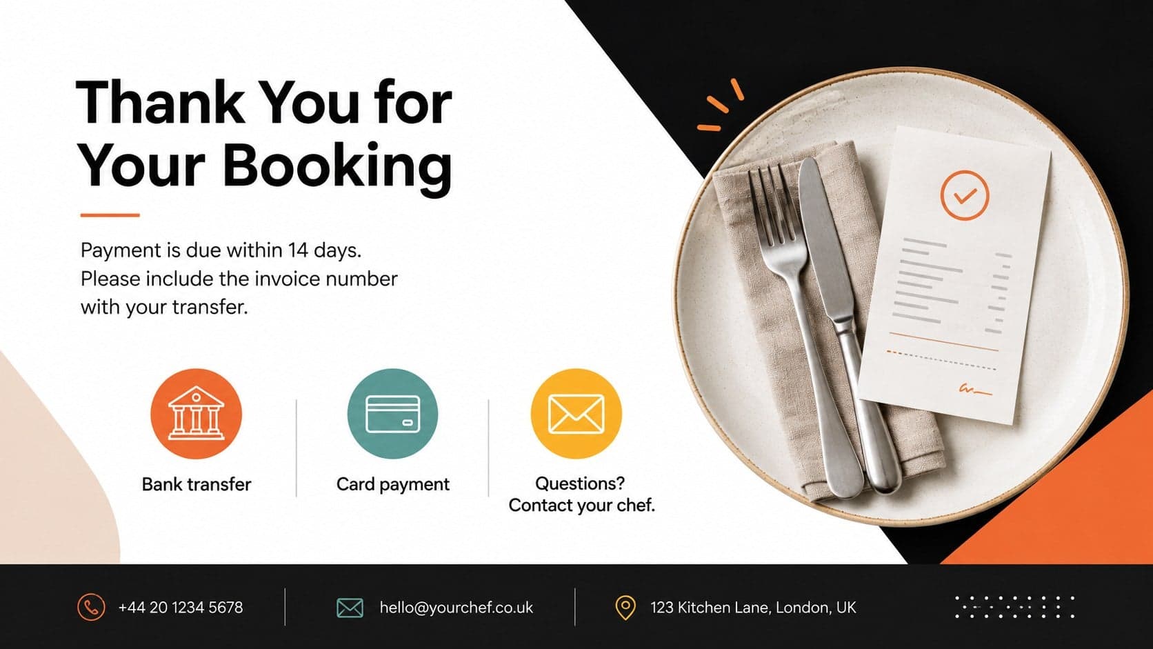 Culinary invoice closing slide presenting payment terms, contact details, and a client thank-you message.