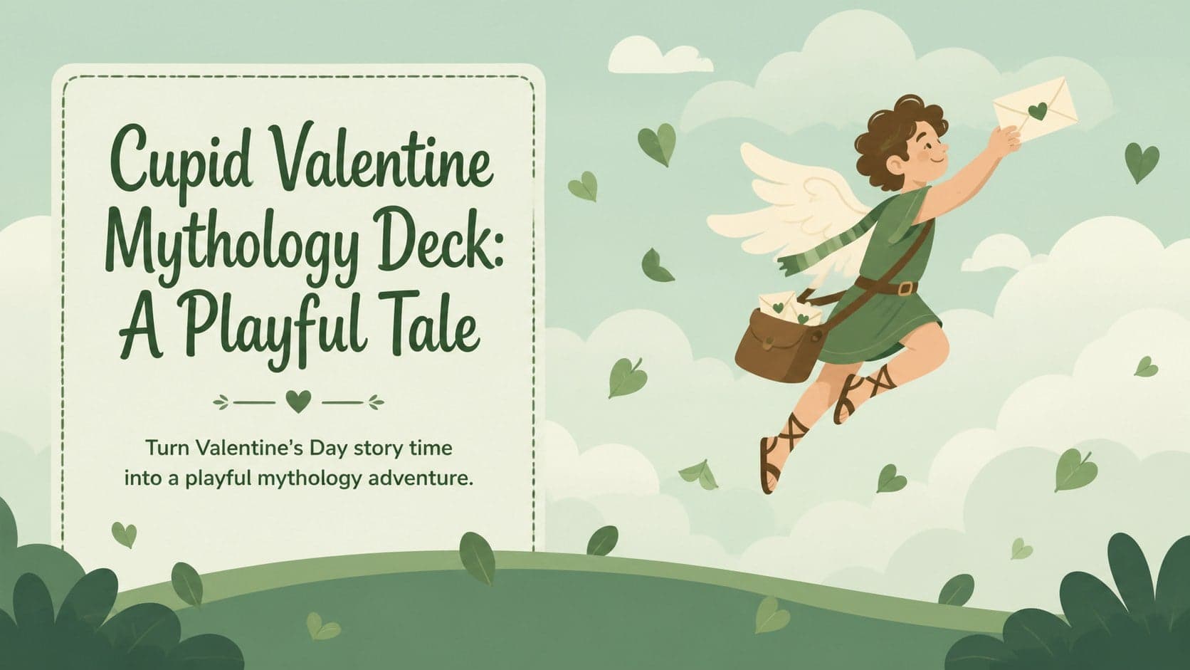 Cover of the Cupid Valentine mythology deck with a cheerful original winged messenger, green storybook scenery, hearts, and clouds.