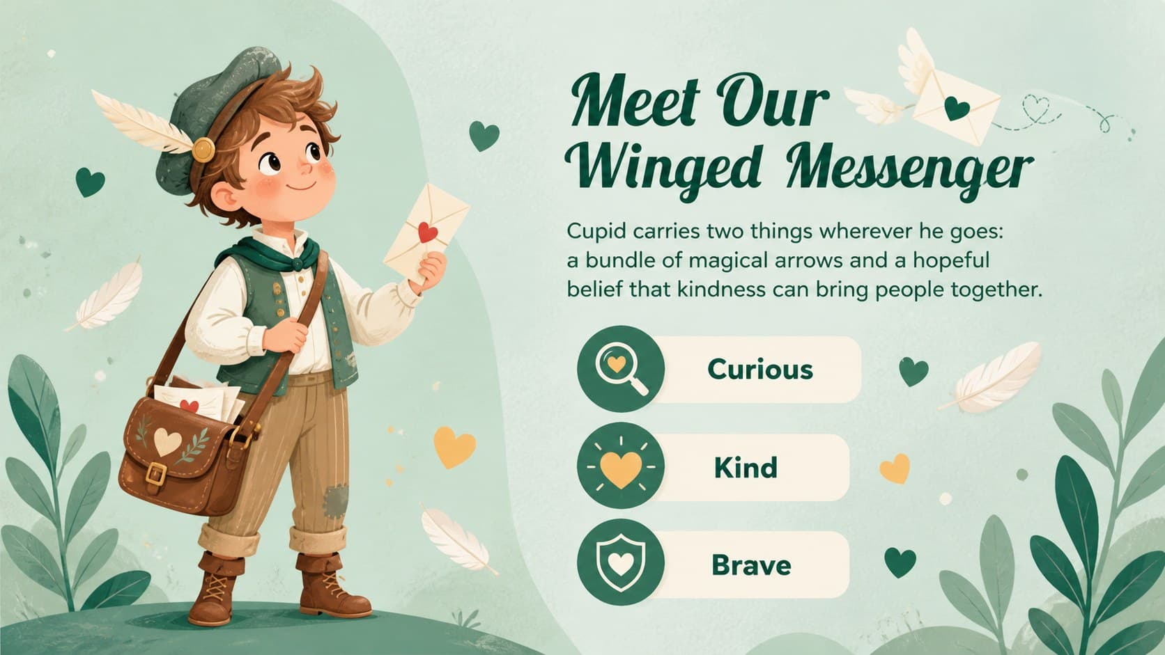 Character introduction slide from an editable Cupid Valentine presentation showing an original winged messenger and simple mythology facts.