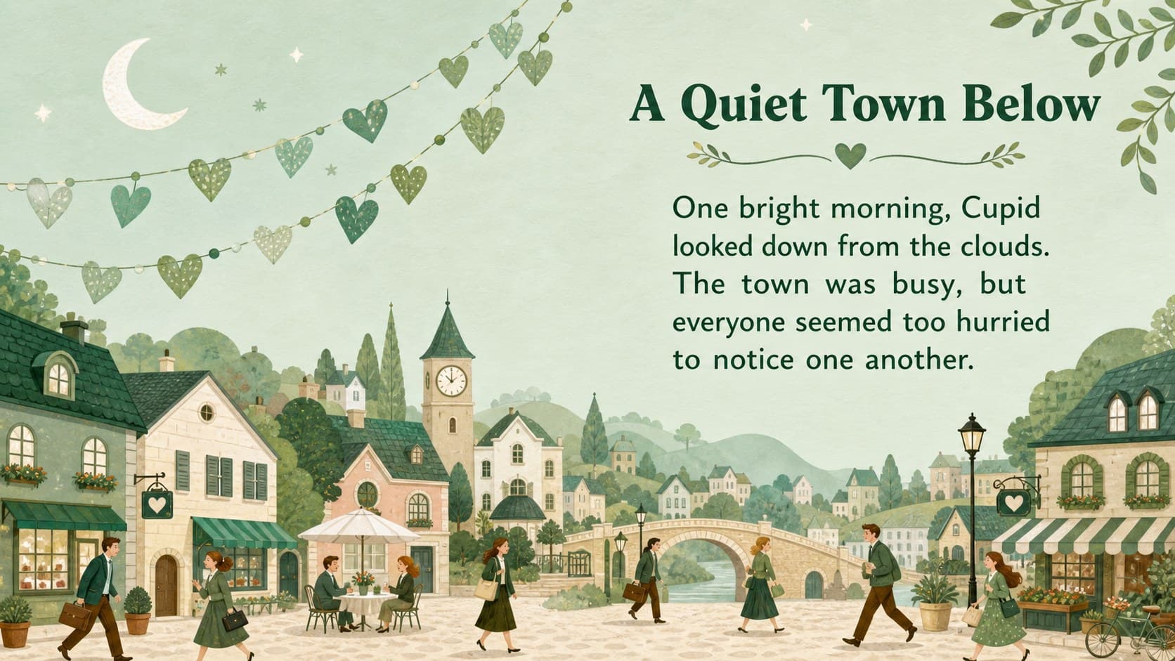 Green mythology storytelling slide depicting Cupid beginning a journey above a quiet village.