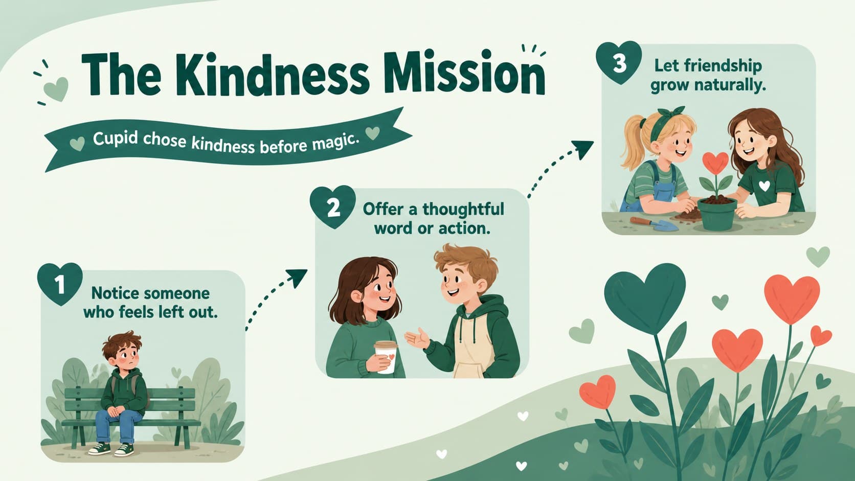 Cupid classroom lesson slide presenting a kindness mission with heart, arrow, and friendship illustrations.