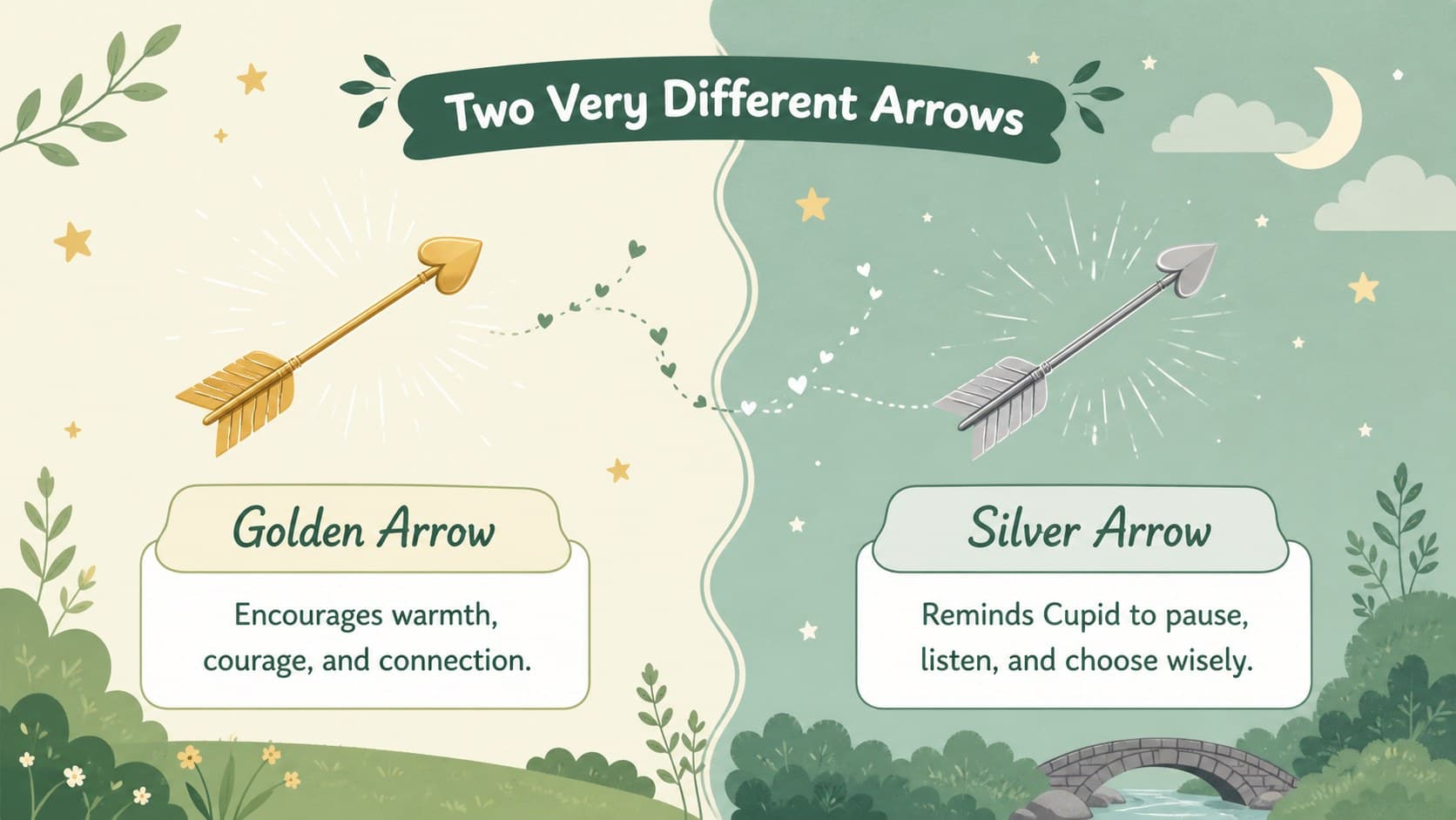 Kid-friendly love story slide comparing two magical arrows through playful green storybook illustrations.