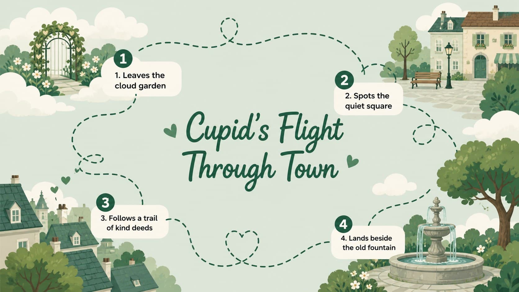 Valentine mythology timeline slide following Cupid's flight from the clouds to the village square.