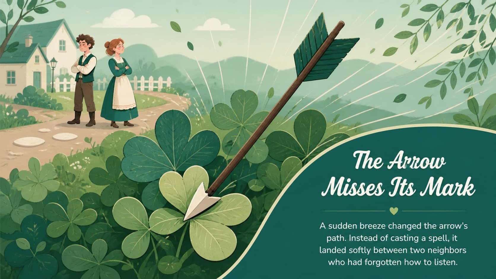 Green Valentine story presentation showing a magical arrow landing beside two original village characters.