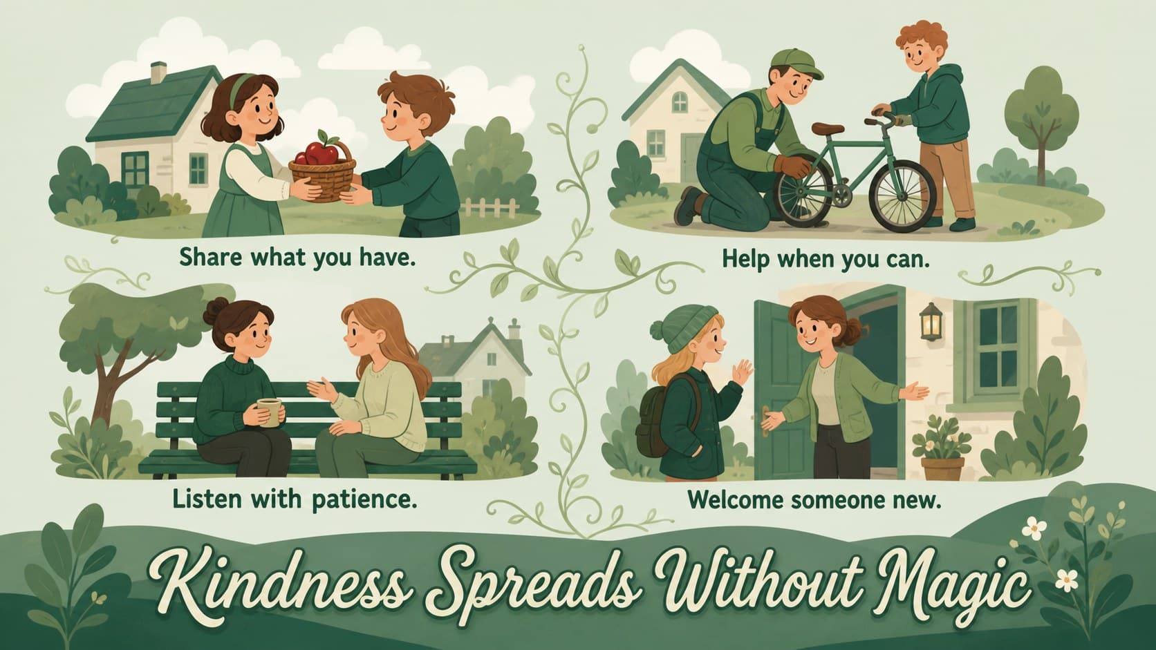 Mythology storytelling template slide illustrating small acts of kindness in a cheerful green village.