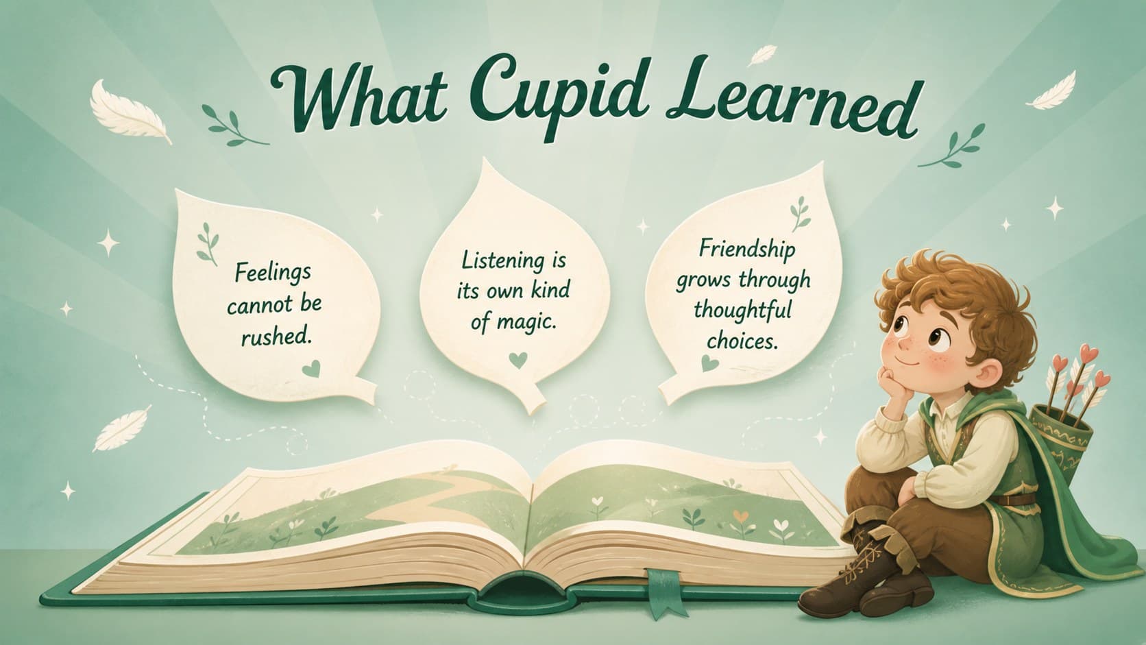 Cupid Valentine mythology deck reflection slide about the story's lesson on friendship and empathy.