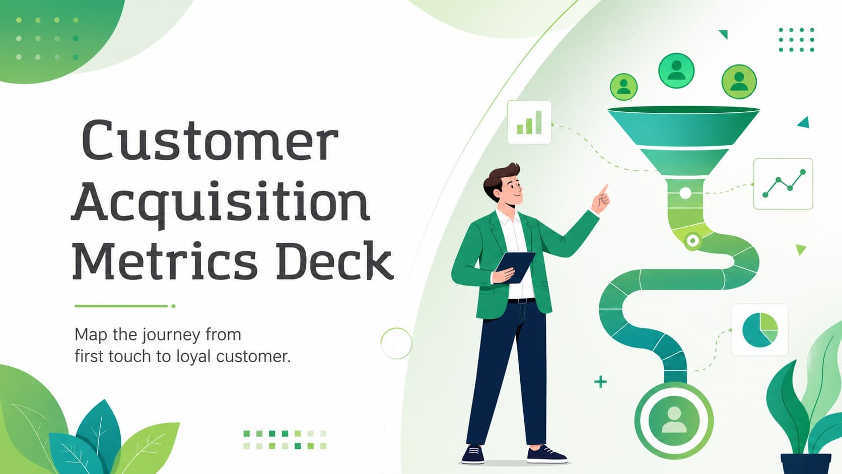 Green illustrated cover for a Customer Acquisition Metrics Deck with playful data graphics.
