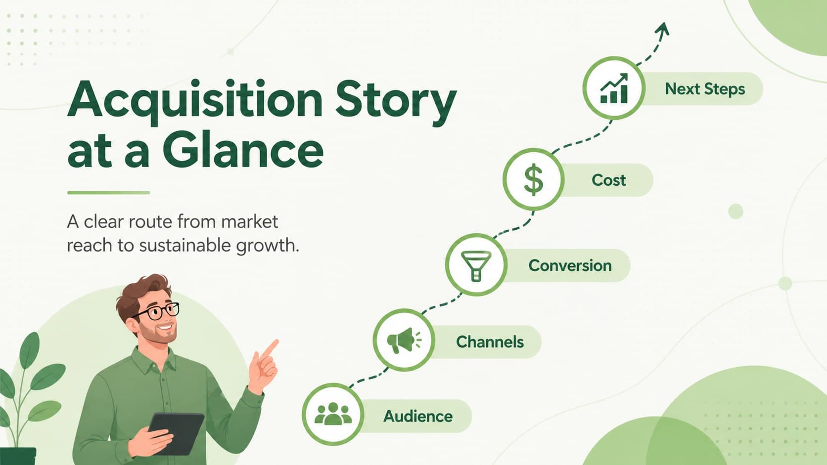 Customer acquisition funnel presentation agenda with five stages in a green illustrated layout.