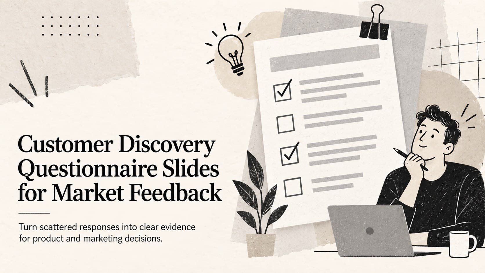 Cover for customer discovery questionnaire slides featuring a textured beige research theme with abstract interview graphics.