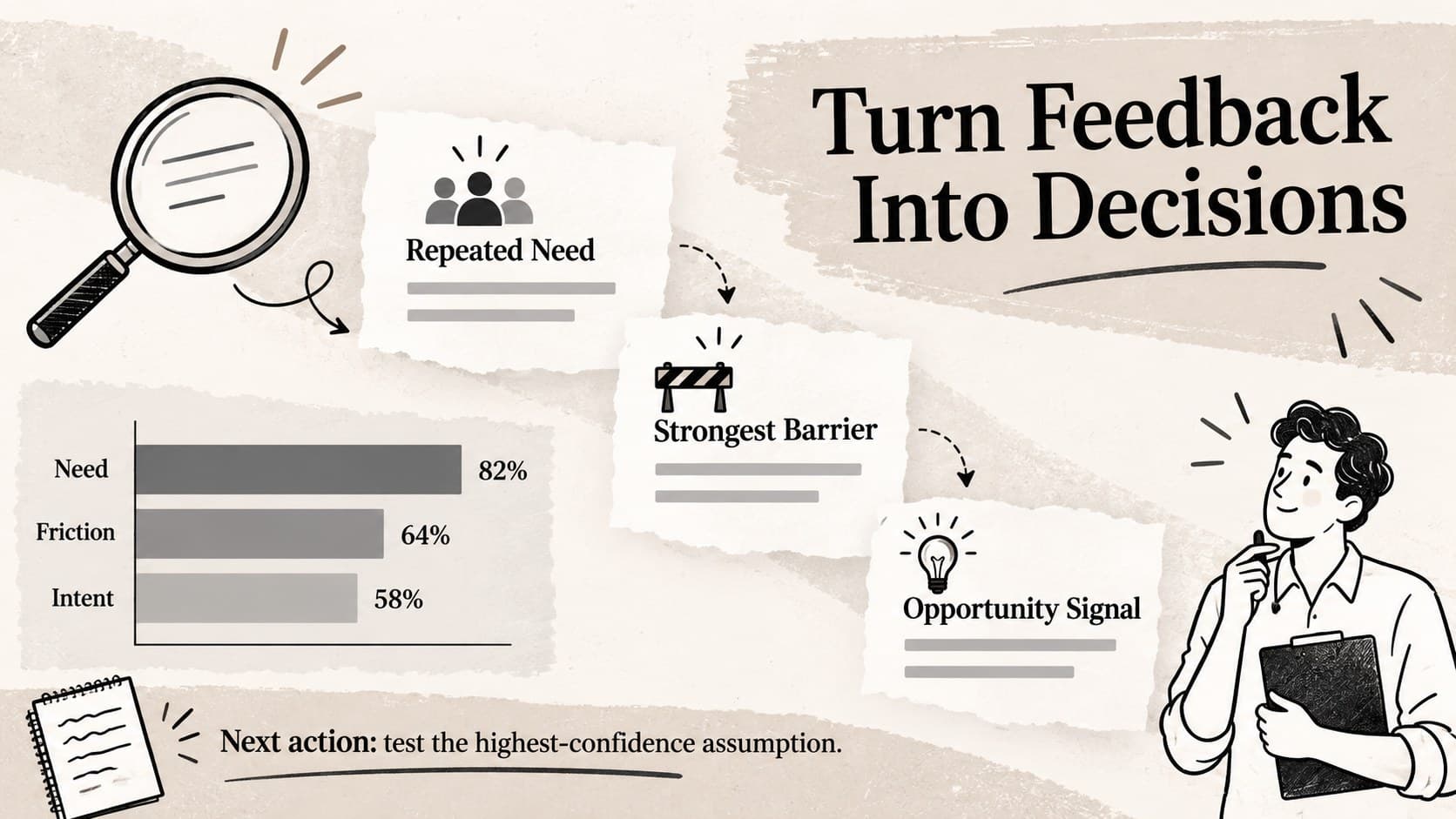 Product feedback questionnaire presentation slide summarizing patterns, evidence, and recommended next actions.