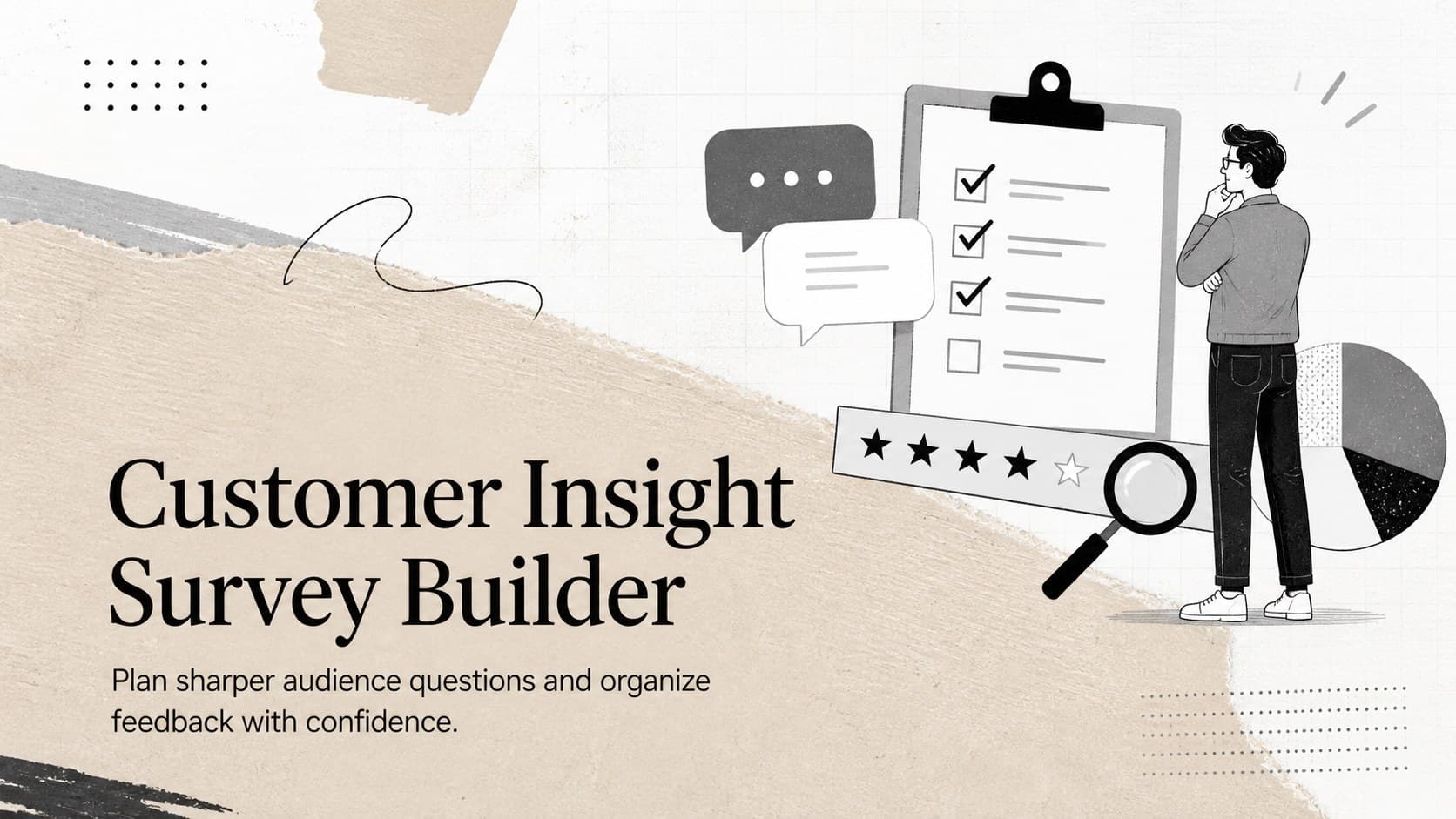 Customer Insight Survey Builder cover slide with a beige textured background and original research-themed illustrations.