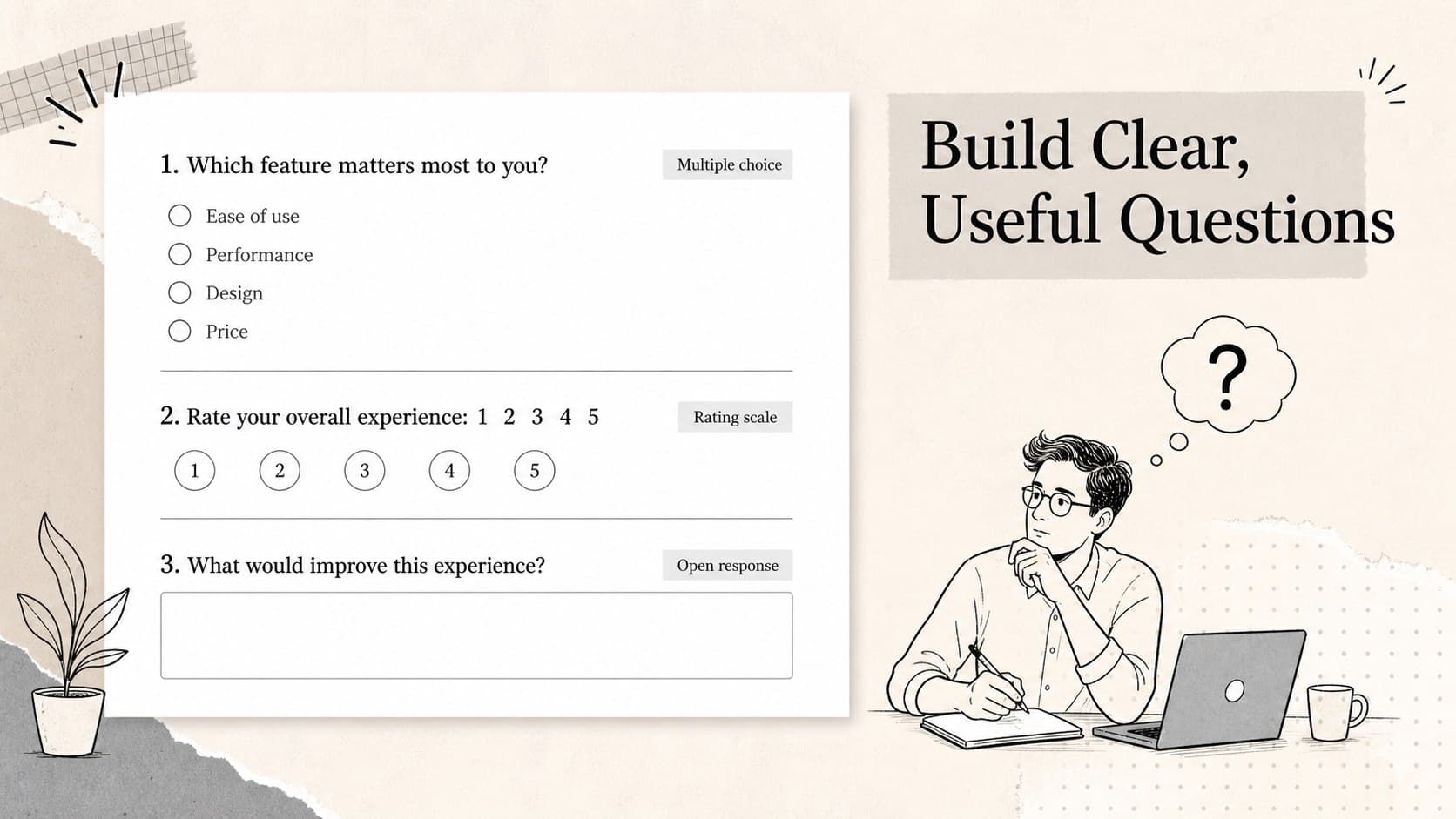Editable customer survey for PowerPoint showing multiple-choice, rating-scale, and open-response question examples.