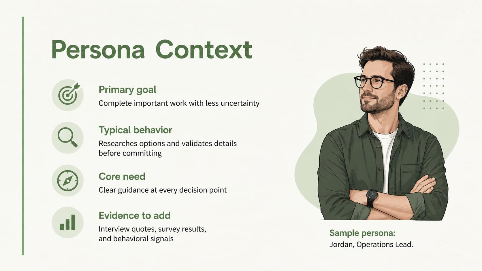 Customer persona journey presentation slide summarizing goals, behaviors, needs, and evidence.