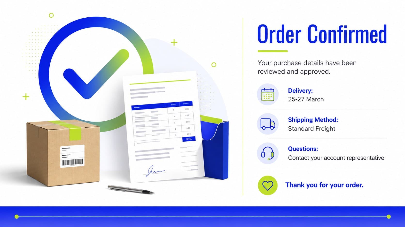 Client purchase confirmation slide summarizing delivery details, contact information, and final approval status.