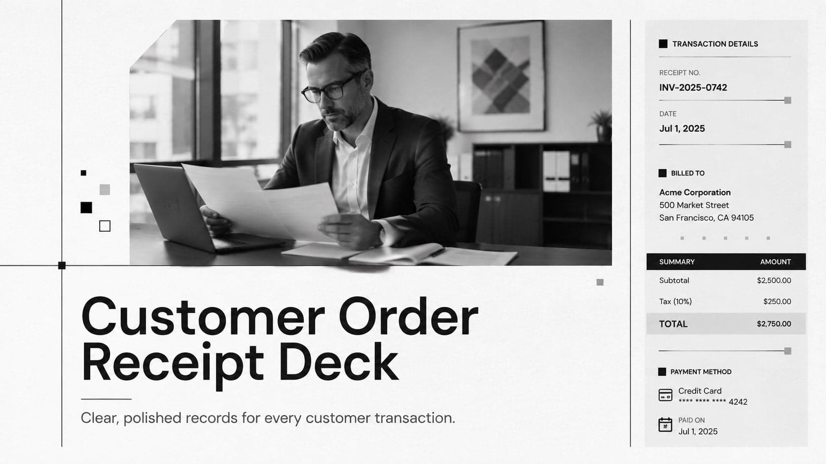 Monochrome cover for a Customer Order Receipt Deck with a structured corporate title layout.