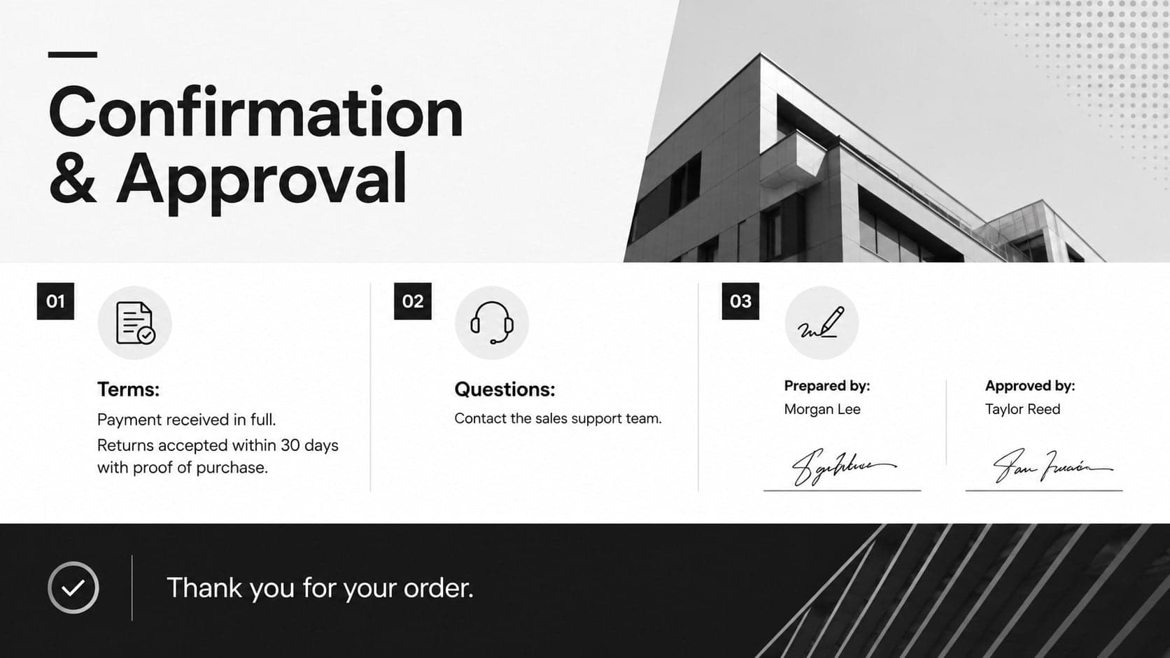Printable order confirmation slide with terms, approval details, and customer service notes.