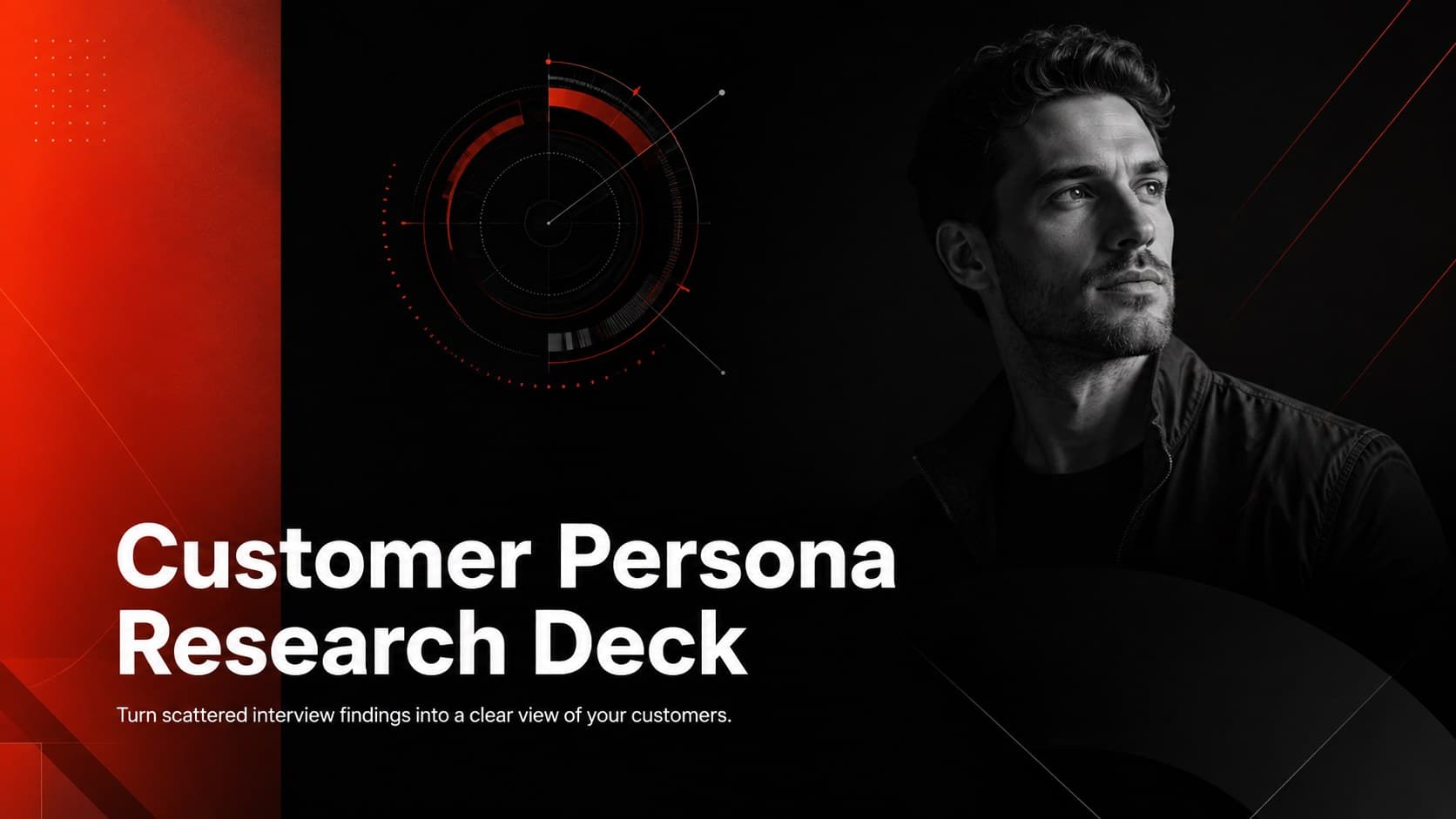 Cover of a black and red Customer Persona Research Deck with modern editorial typography and an original customer portrait.