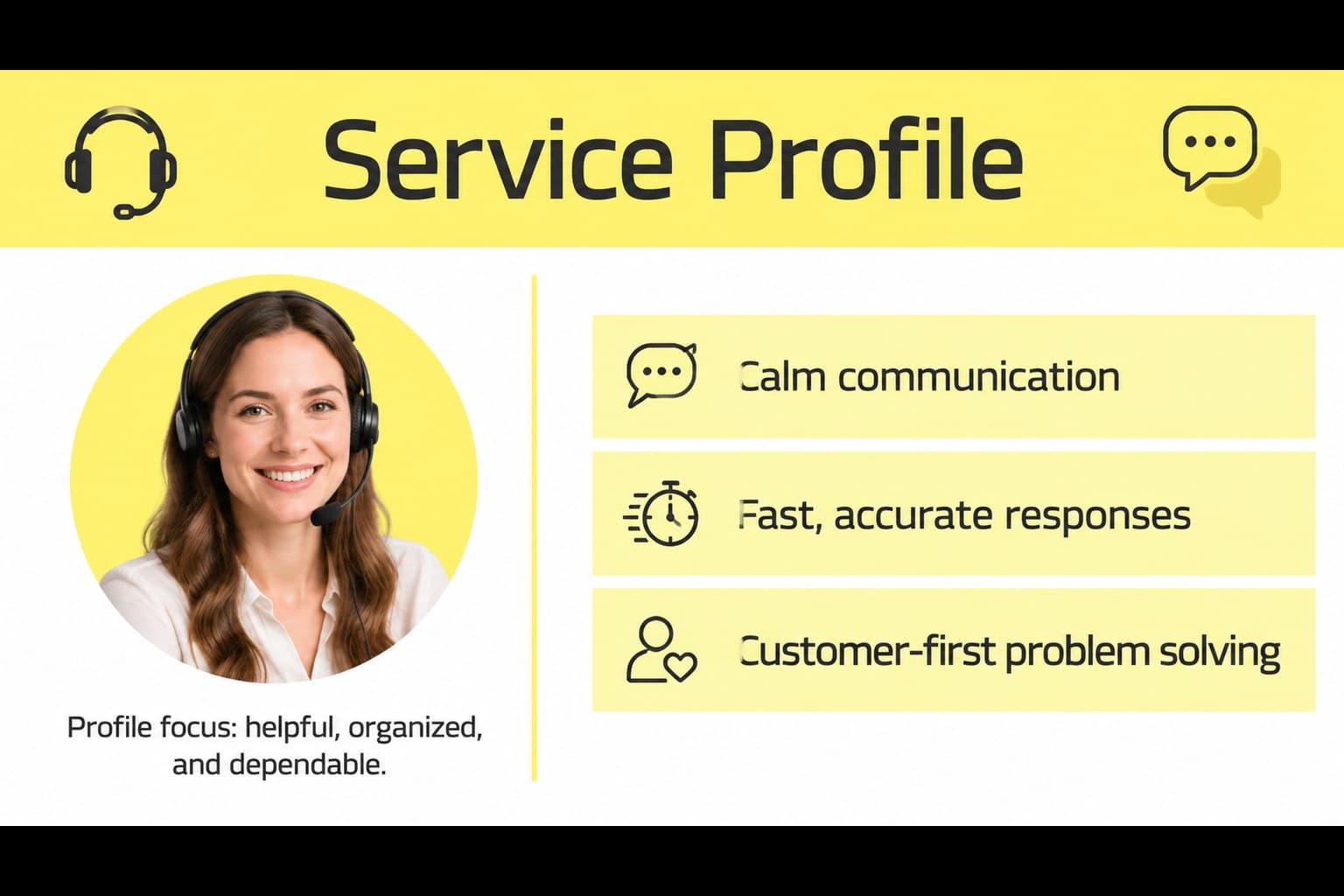 Customer support job application slides showing a candidate profile and service strengths in a bright yellow layout.