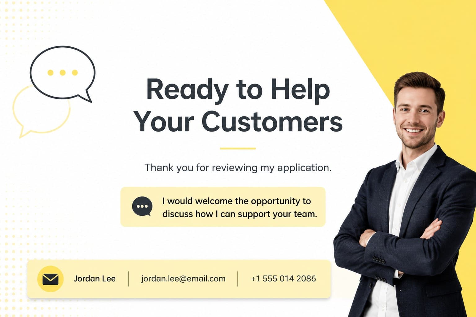 Editable interview introduction slide with a customer success application closing statement and contact details.