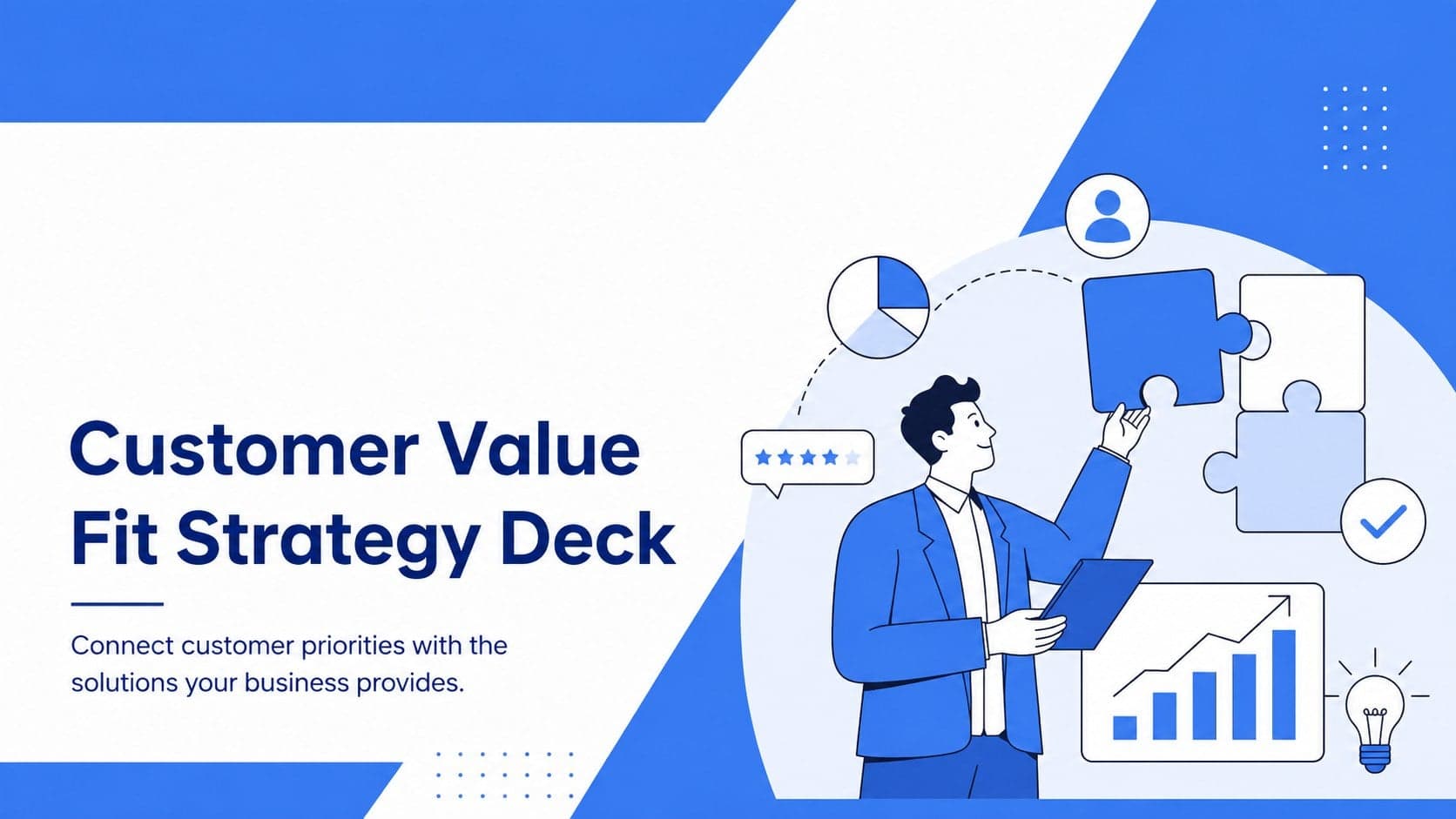 Cover of the Customer Value Fit Strategy Deck with modern blue-and-white business illustrations.