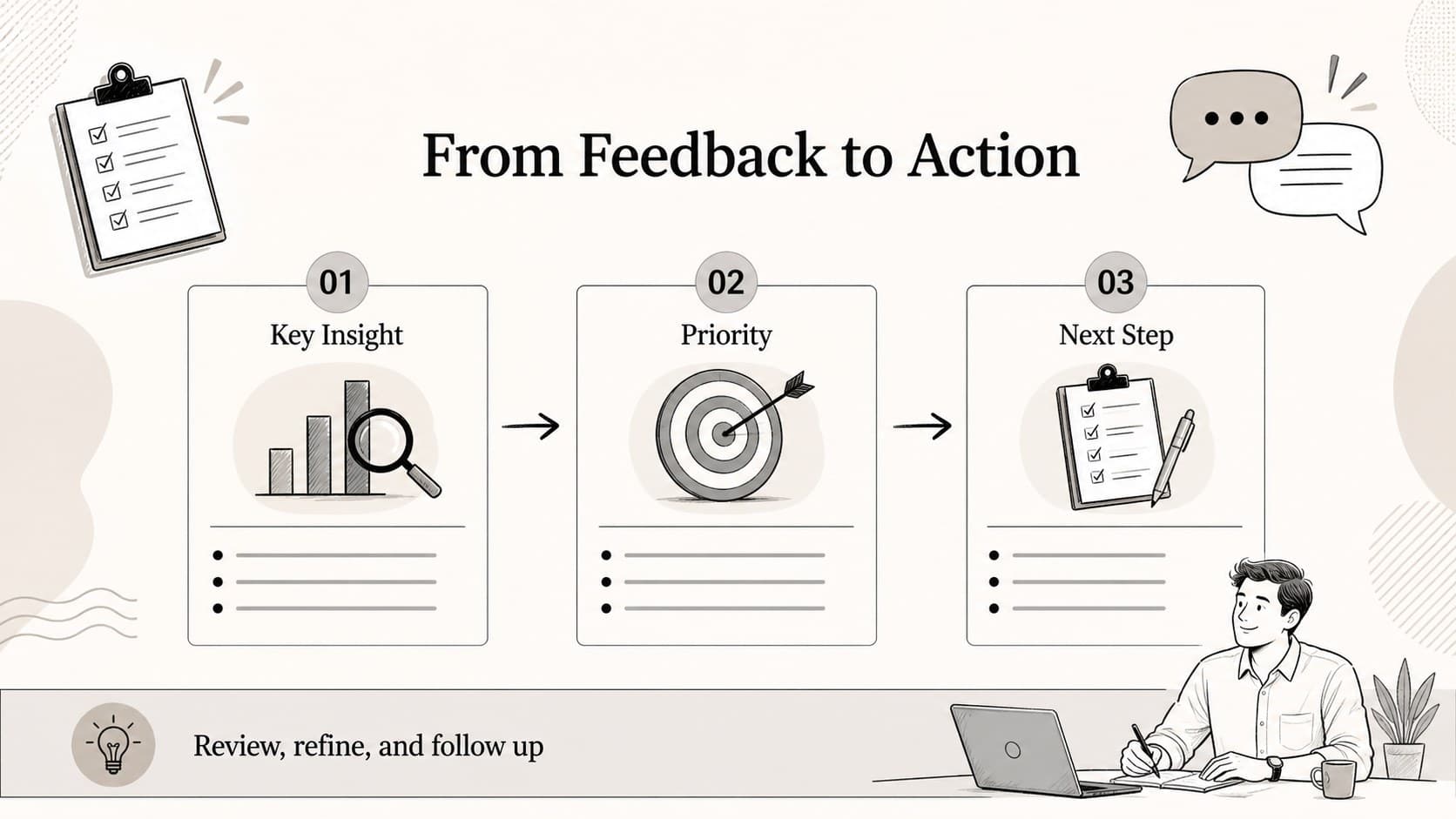 Market research findings slide organizing customer feedback into key insights and recommended next steps.