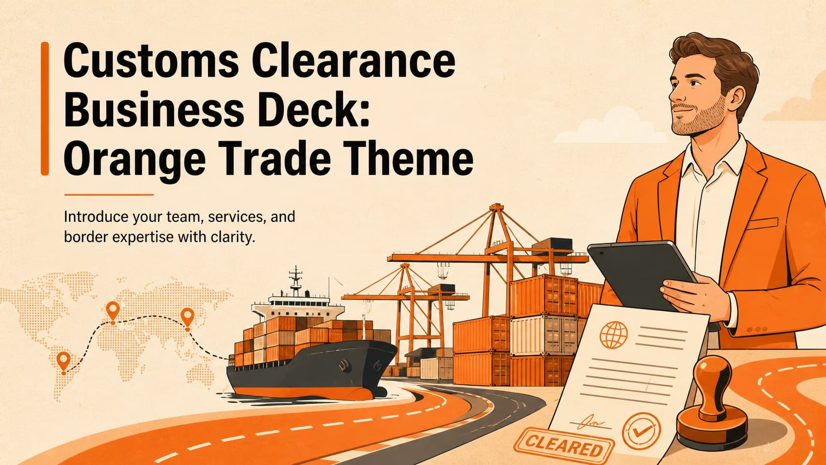 Cover of a customs clearance business deck with orange and beige trade illustrations.