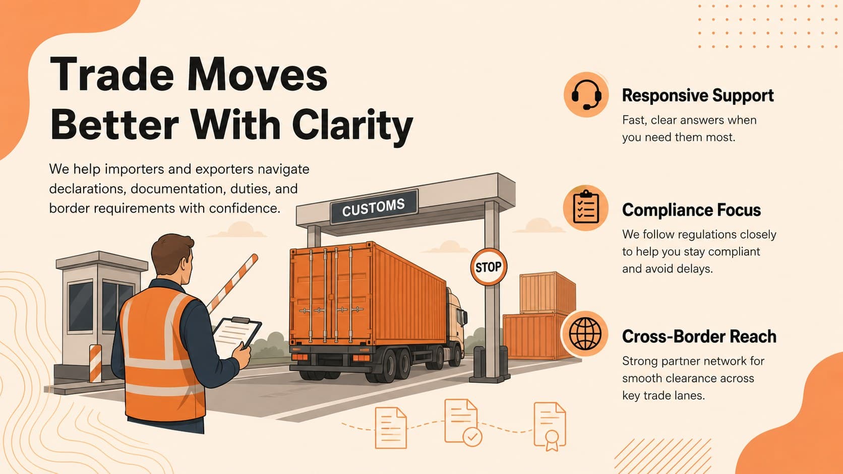Orange and beige customs brokerage overview slide presenting mission, reach, and client value.