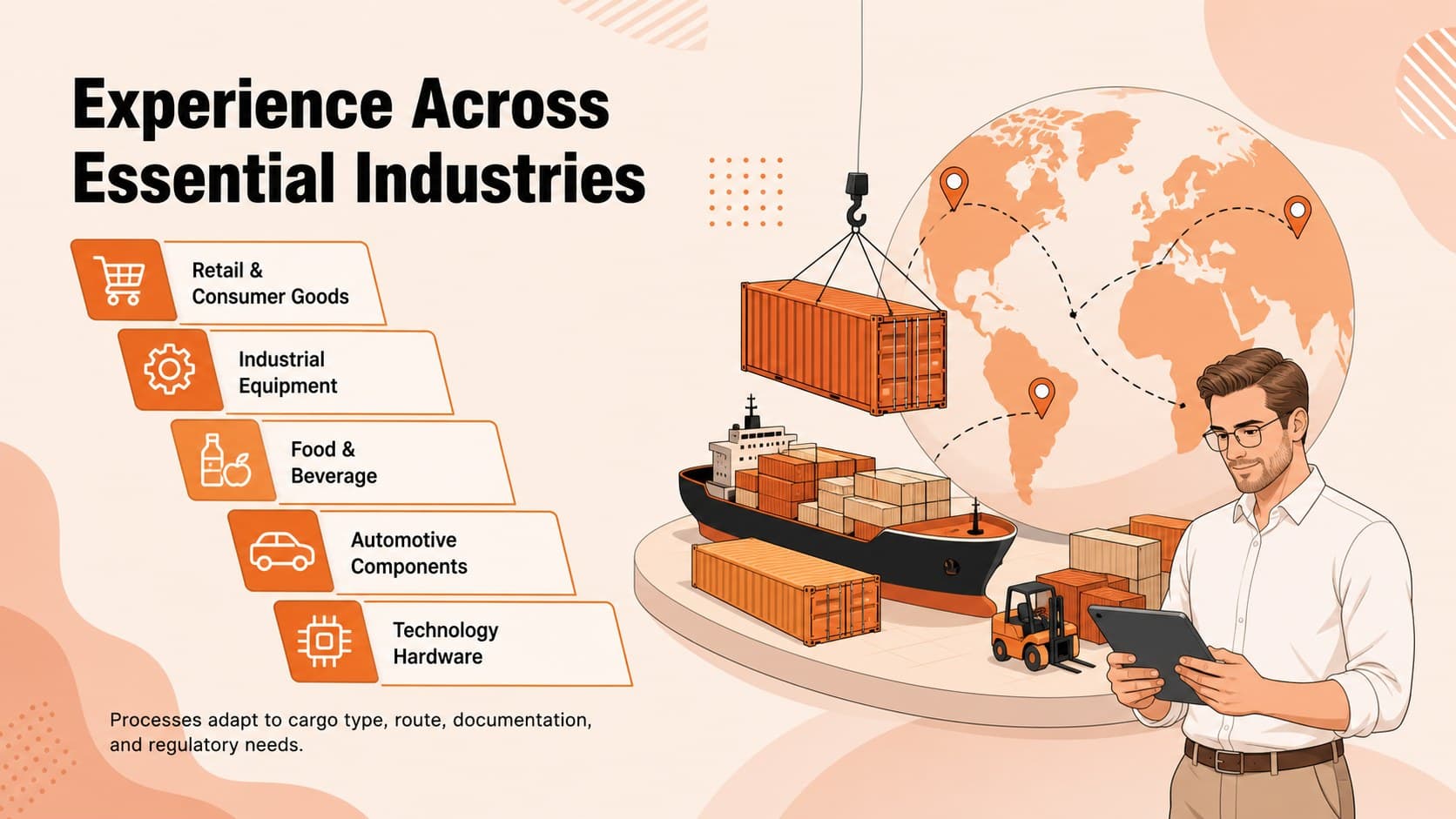 Import export logistics slide showing industry sectors served by a customs clearance team.