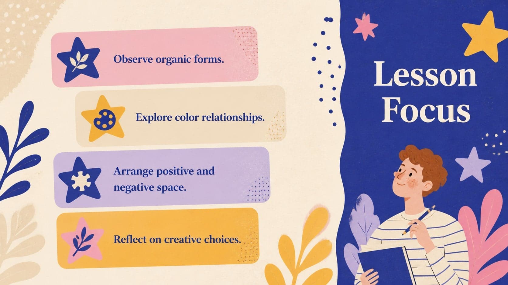 Art lesson focus slide presenting observation, cutting, arrangement, and reflection goals with colorful paper shapes.
