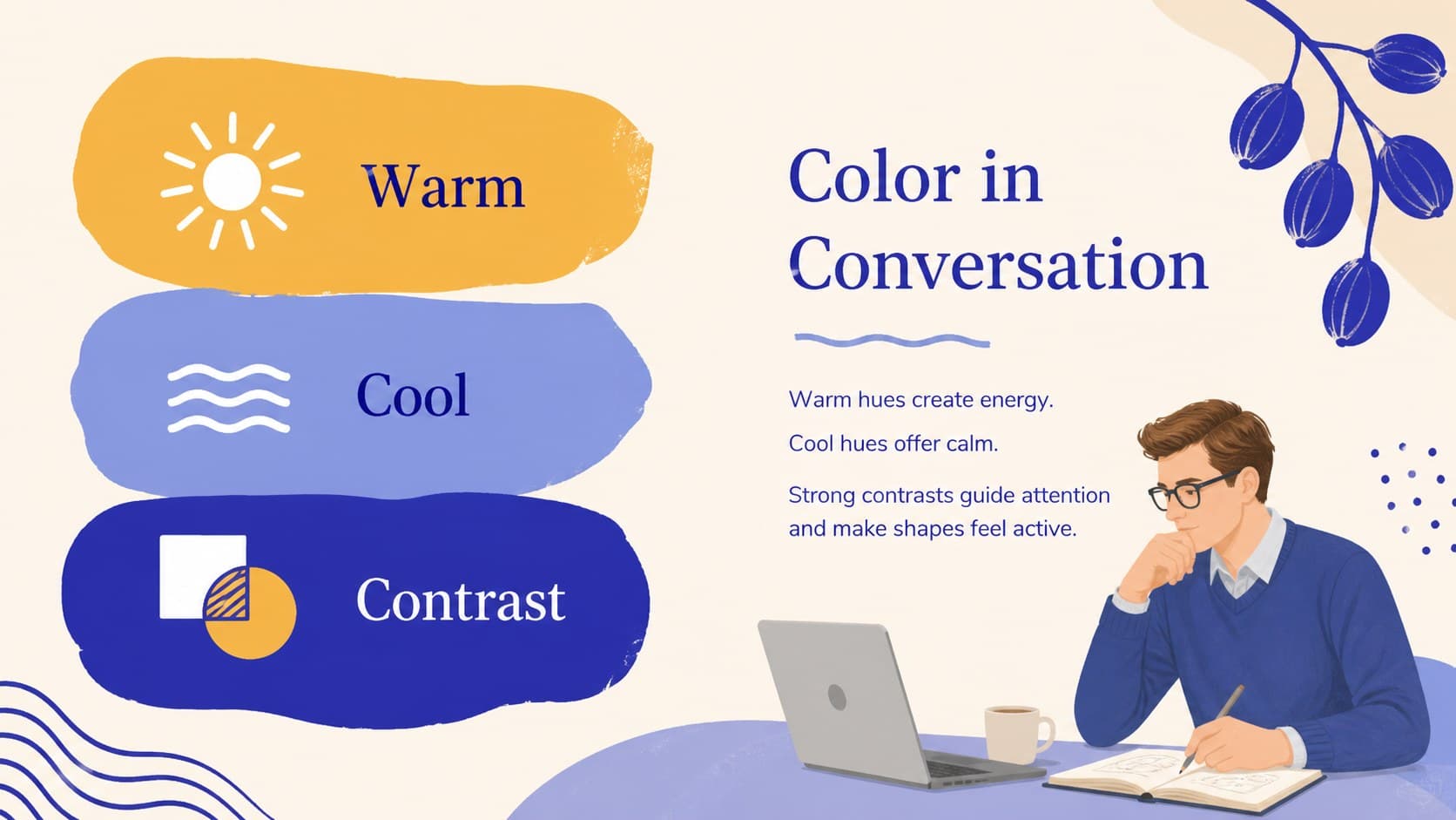 Color theory lesson slide comparing warm, cool, and contrasting combinations in an organic paper collage.