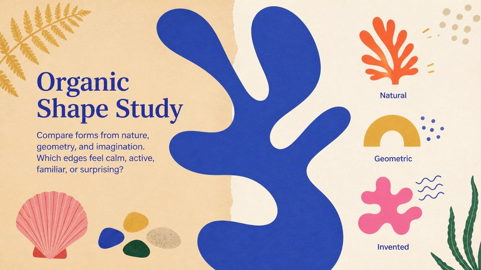 Organic shape education presentation slide inviting students to compare natural, geometric, and invented forms.