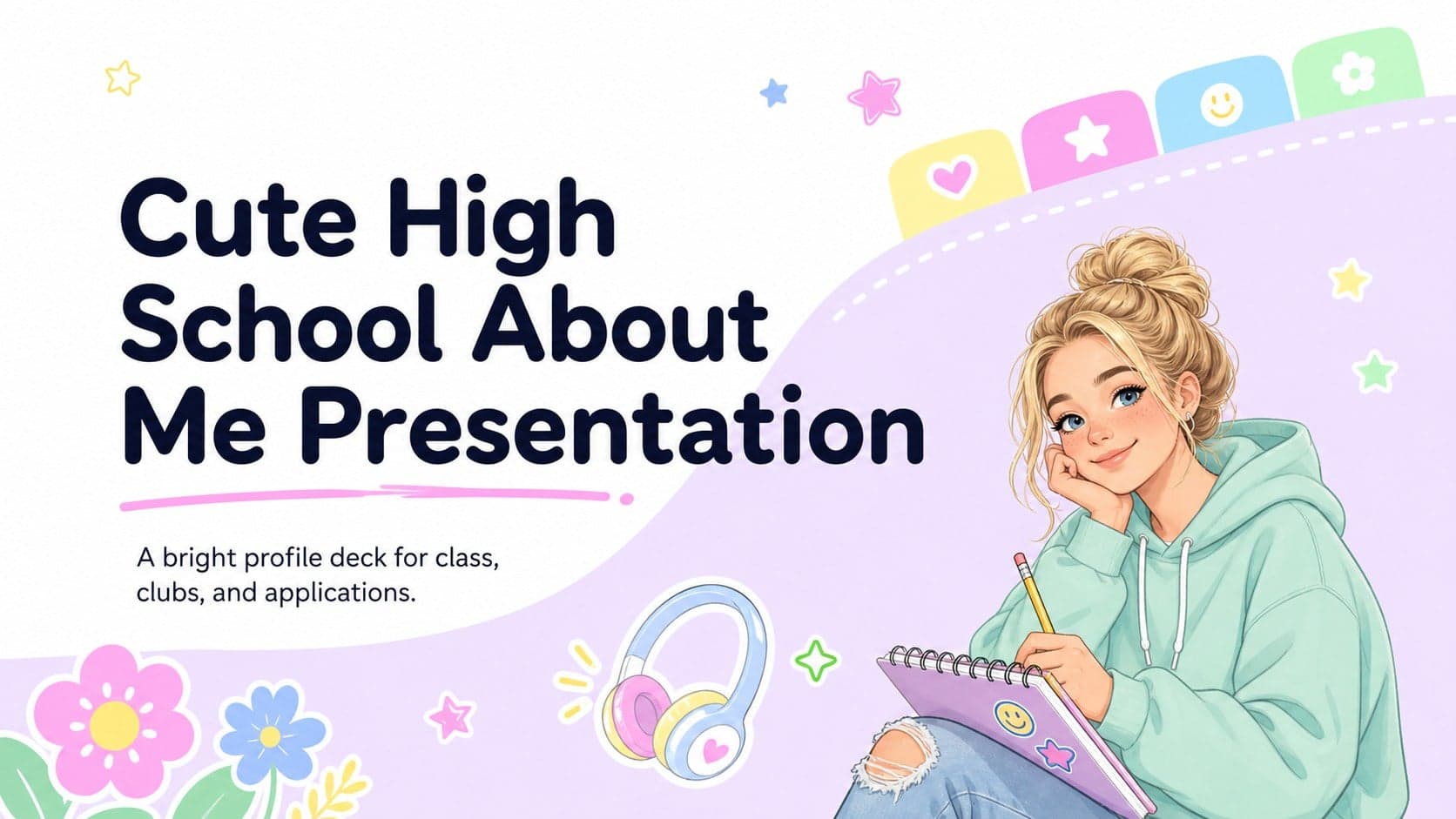 Cover of a Cute High School About Me Presentation with pastel illustrations and a student portrait area.