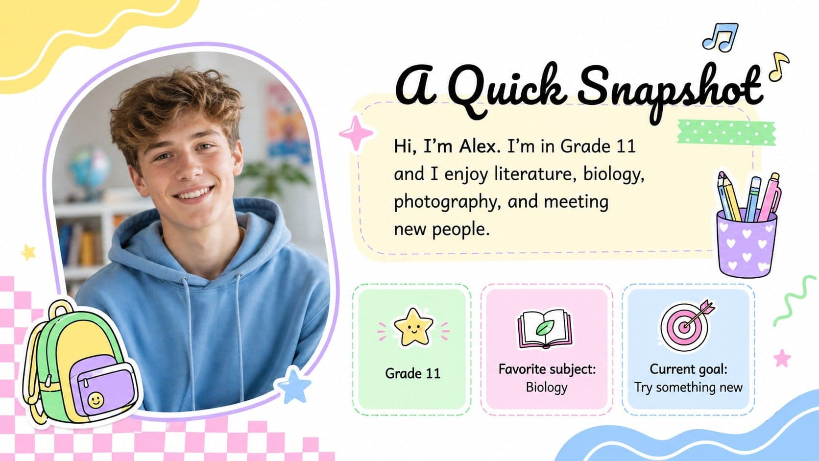 Pastel student profile slide with an introduction, portrait, grade level, and favorite subjects.