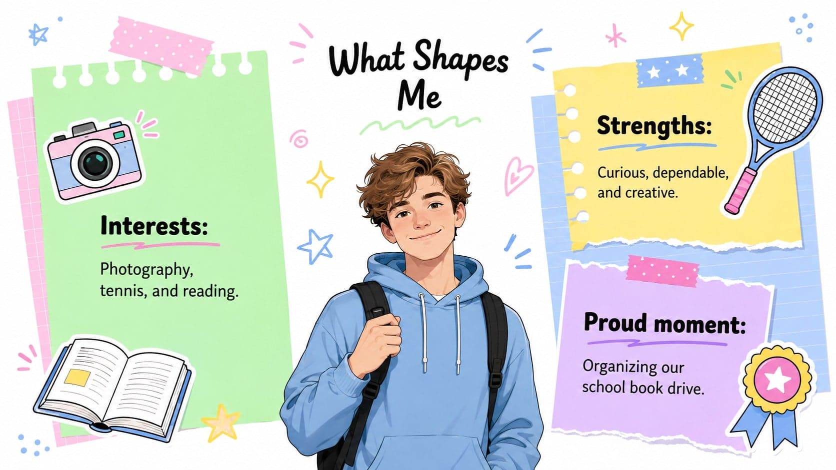 Colorful high school about me slide presenting personal interests, strengths, and a proud achievement.