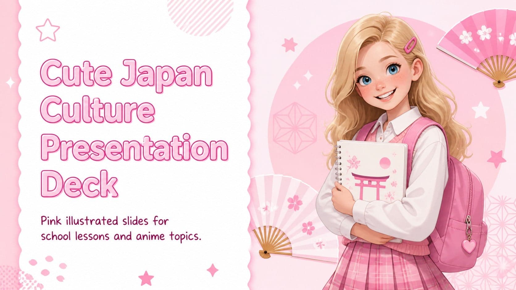 Cover slide for a cute Japan culture presentation with pink illustrated details and a friendly classroom mood.