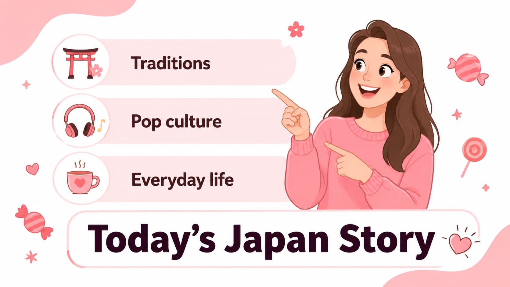 Agenda slide organizing a Japanese culture lesson into clear illustrated sections for students.