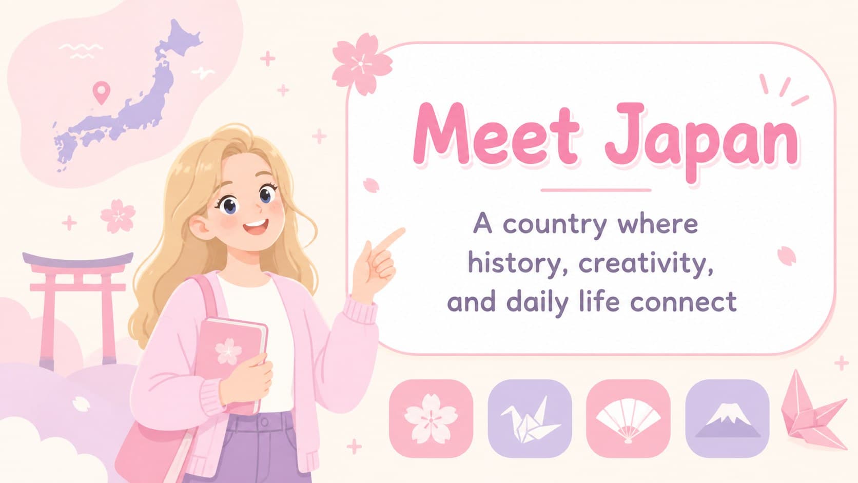 Introduction slide presenting Japan through a playful pink illustrated classroom layout.