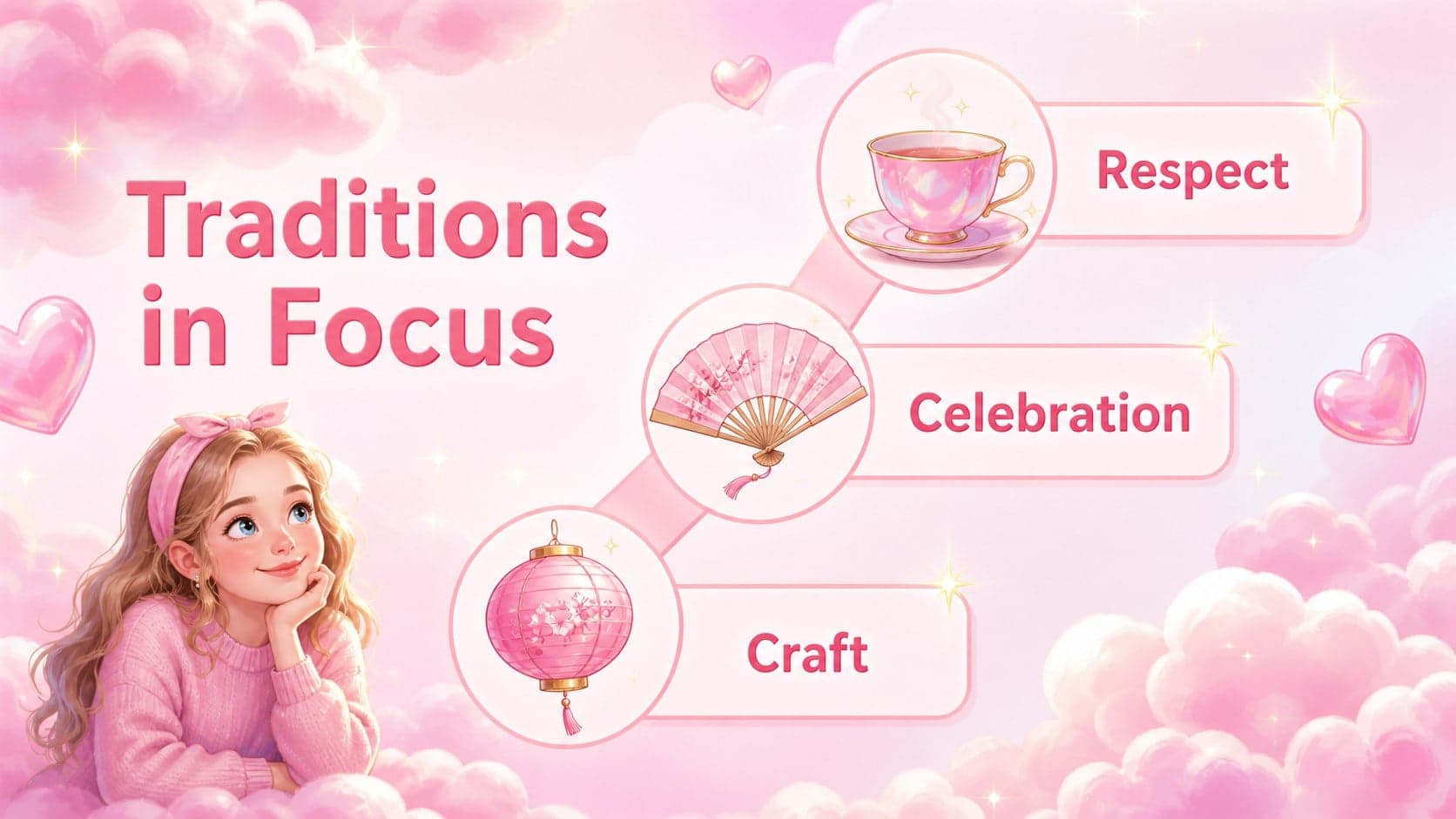 Japanese traditions slide with illustrated objects and concise facts for a student presentation.