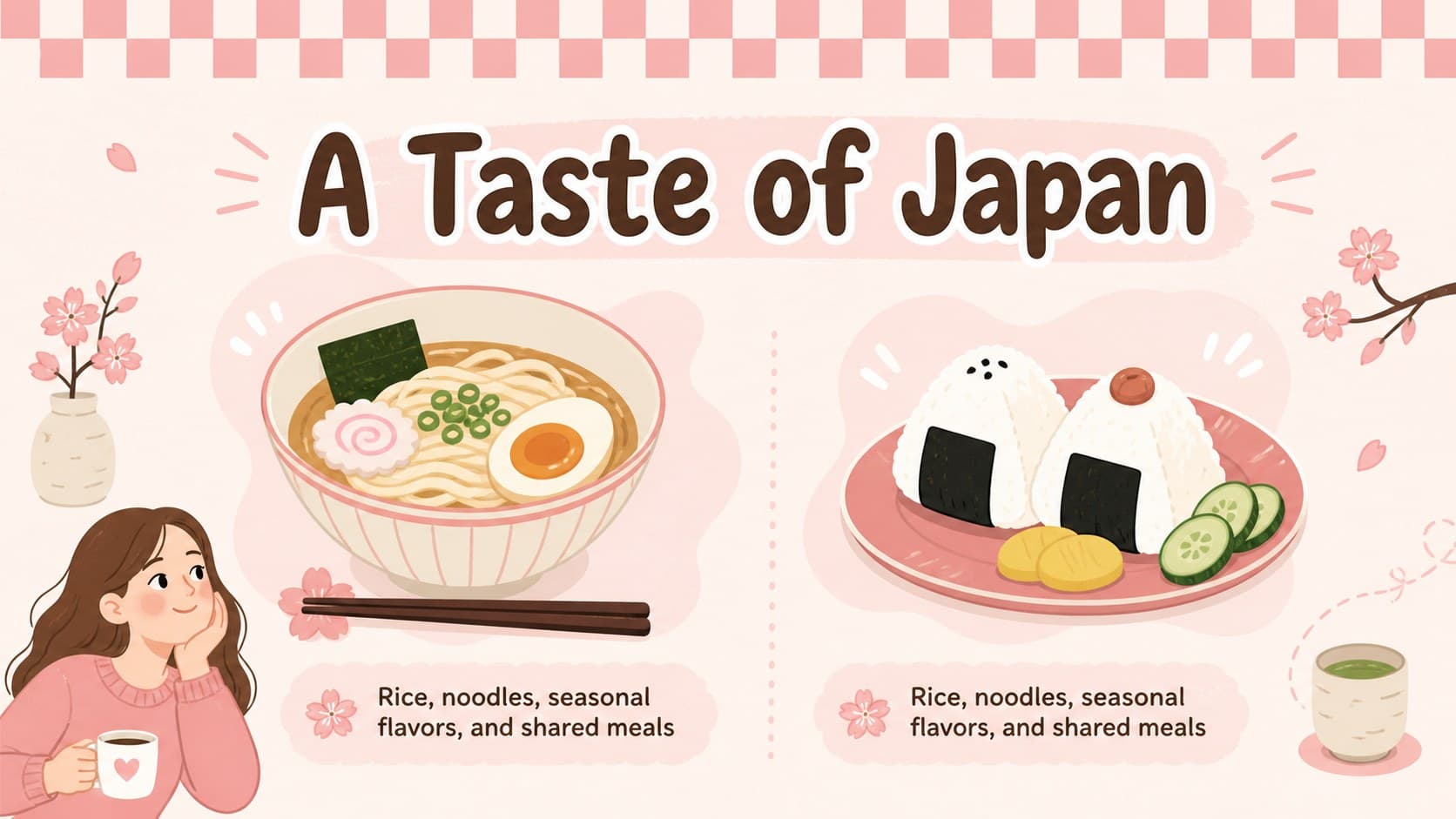Japanese food slide showing a cheerful illustrated comparison of familiar dishes and ingredients.
