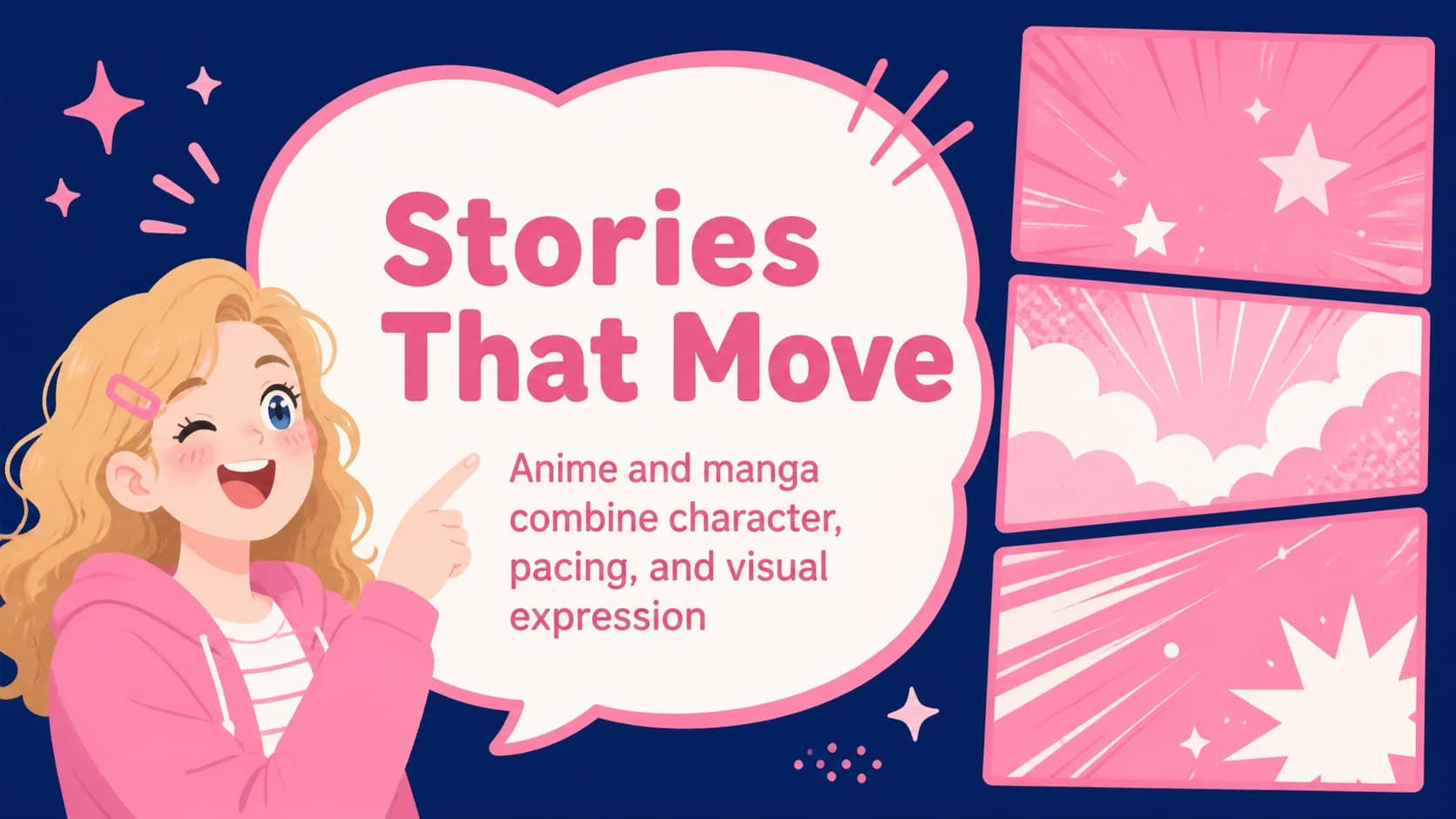 Anime and manga slide introducing Japanese visual storytelling with bold pink editorial panels.