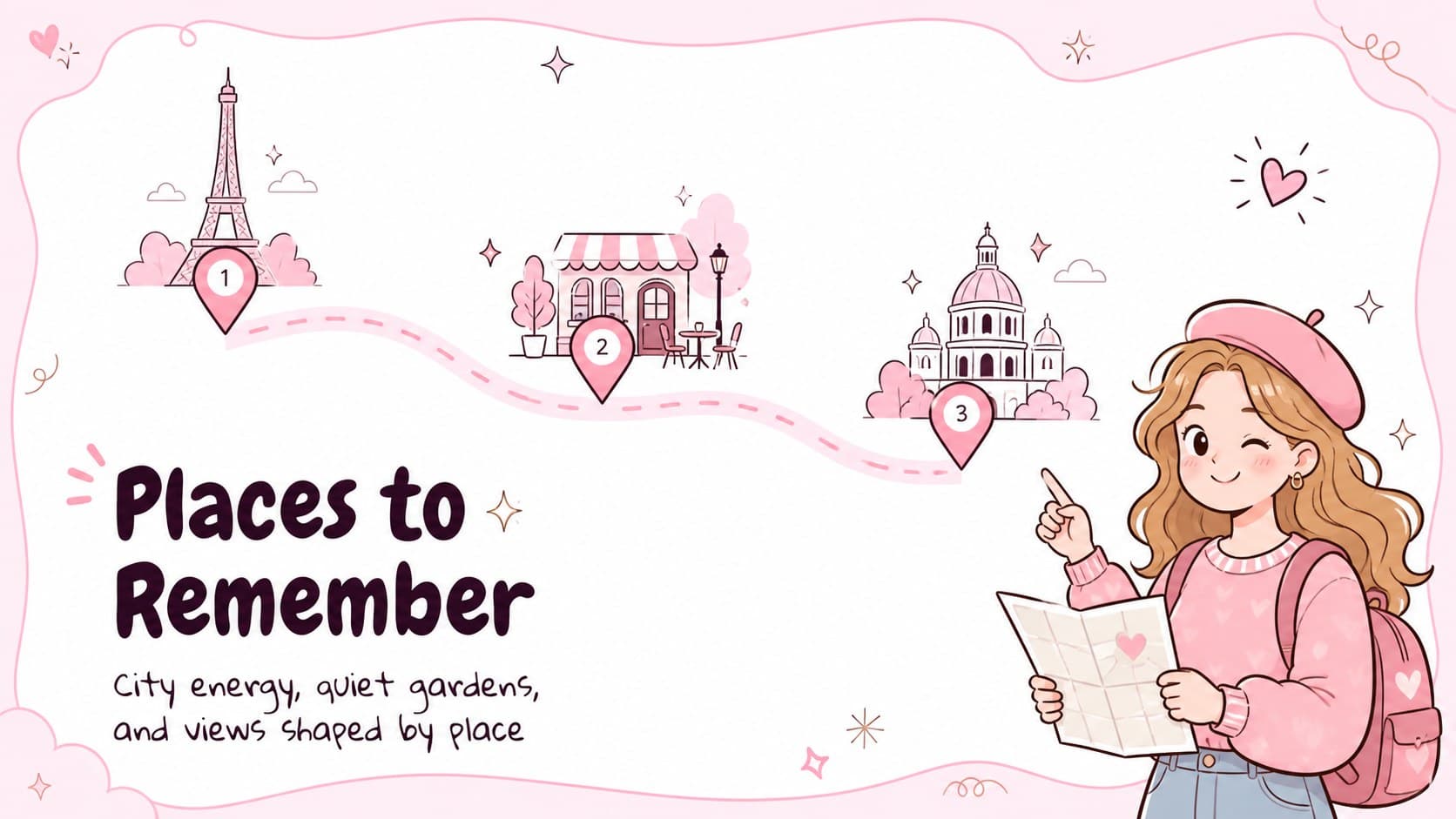 Japan landmarks slide featuring an illustrated route through memorable places and travel ideas.