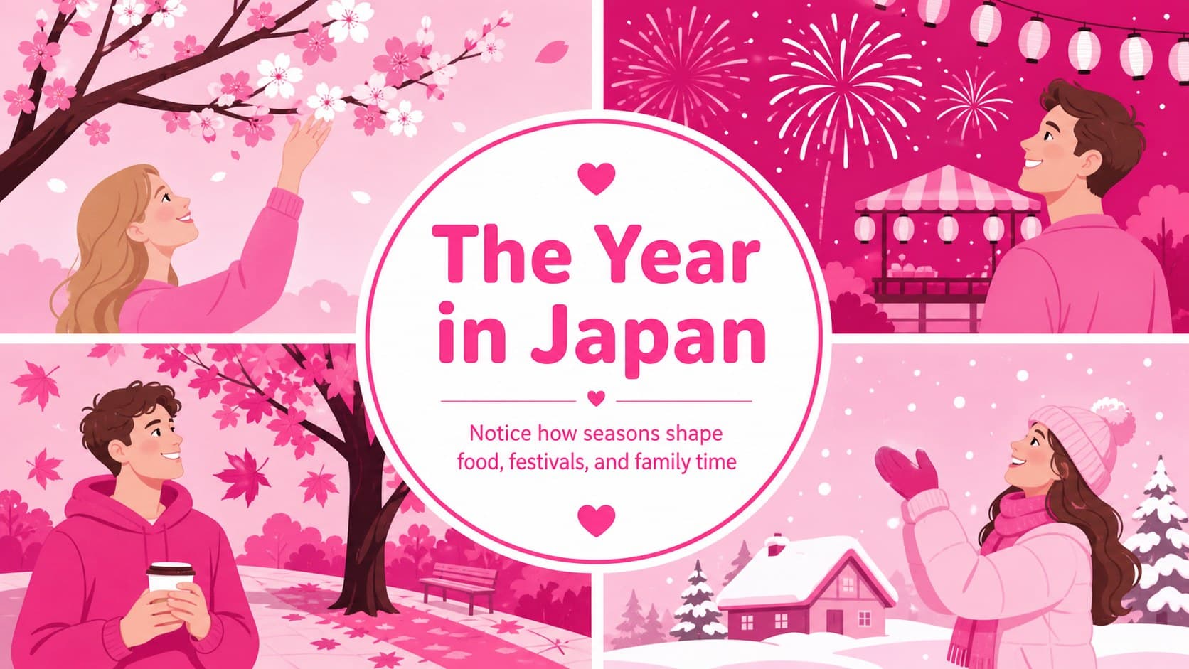 Japanese seasonal celebrations slide arranged as four pink illustrated moments for classroom discussion.