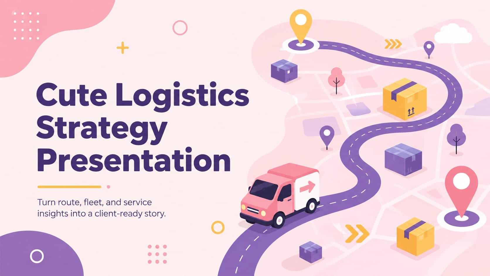 Cover of a cute logistics strategy presentation with playful transport illustrations in pink, violet, and yellow.