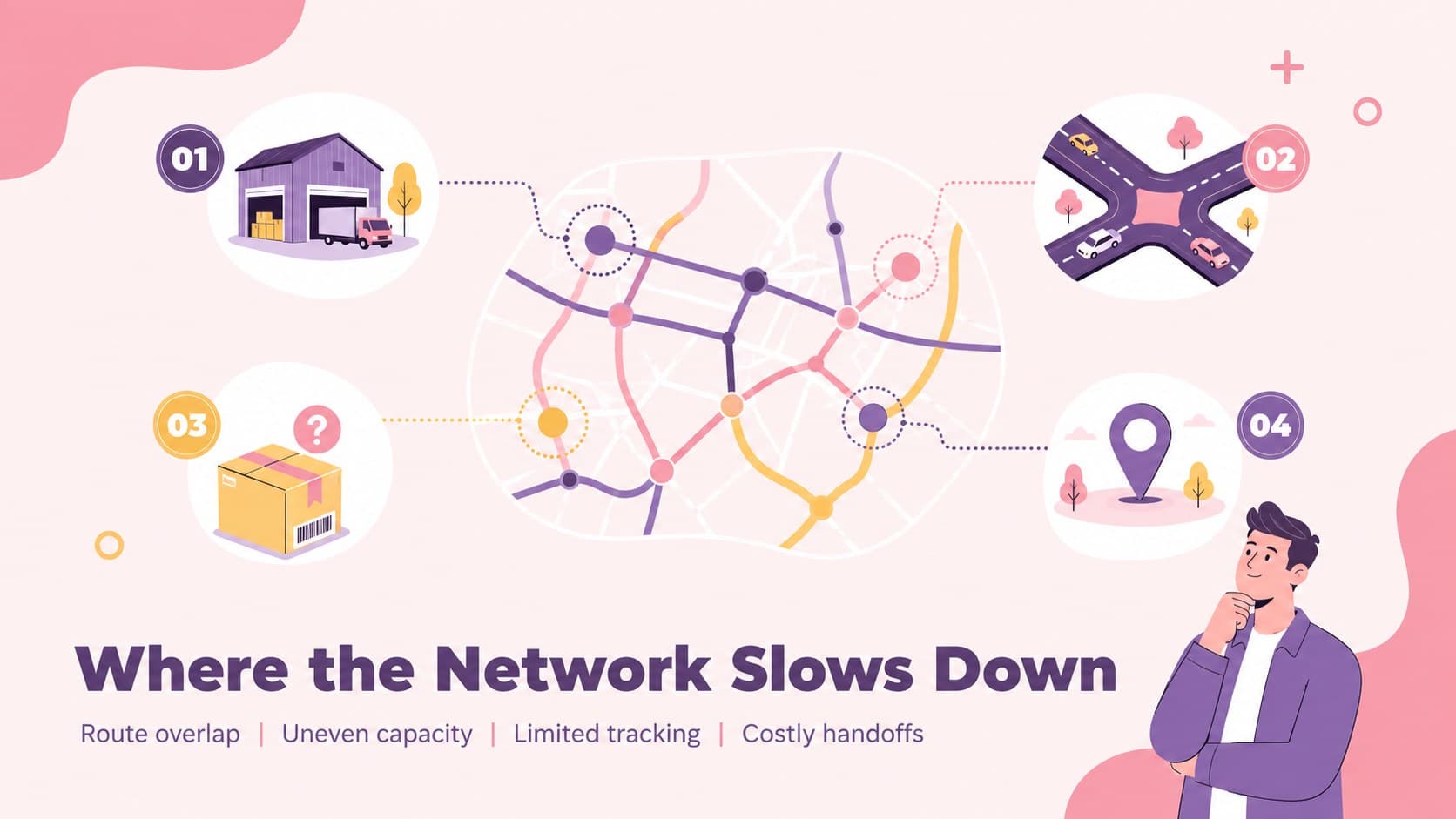 Transportation network analysis slide showing logistics challenges and consulting opportunities.