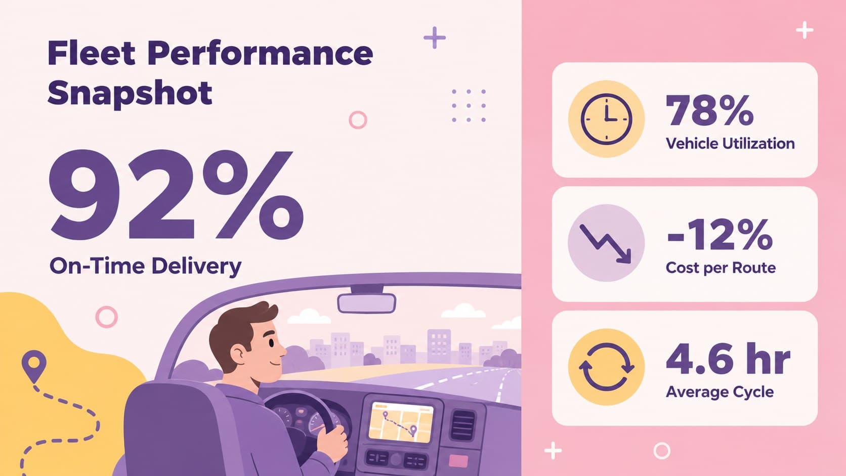 Fleet optimization presentation slide with key performance indicators for cost, utilization, and delivery time.