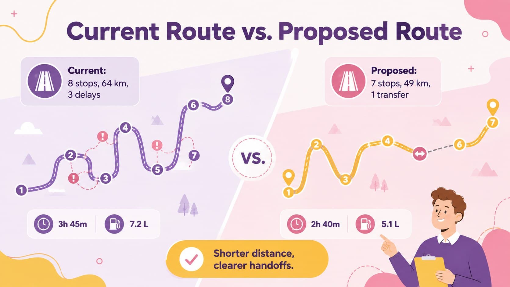 Route efficiency presentation comparing current and proposed delivery network models.
