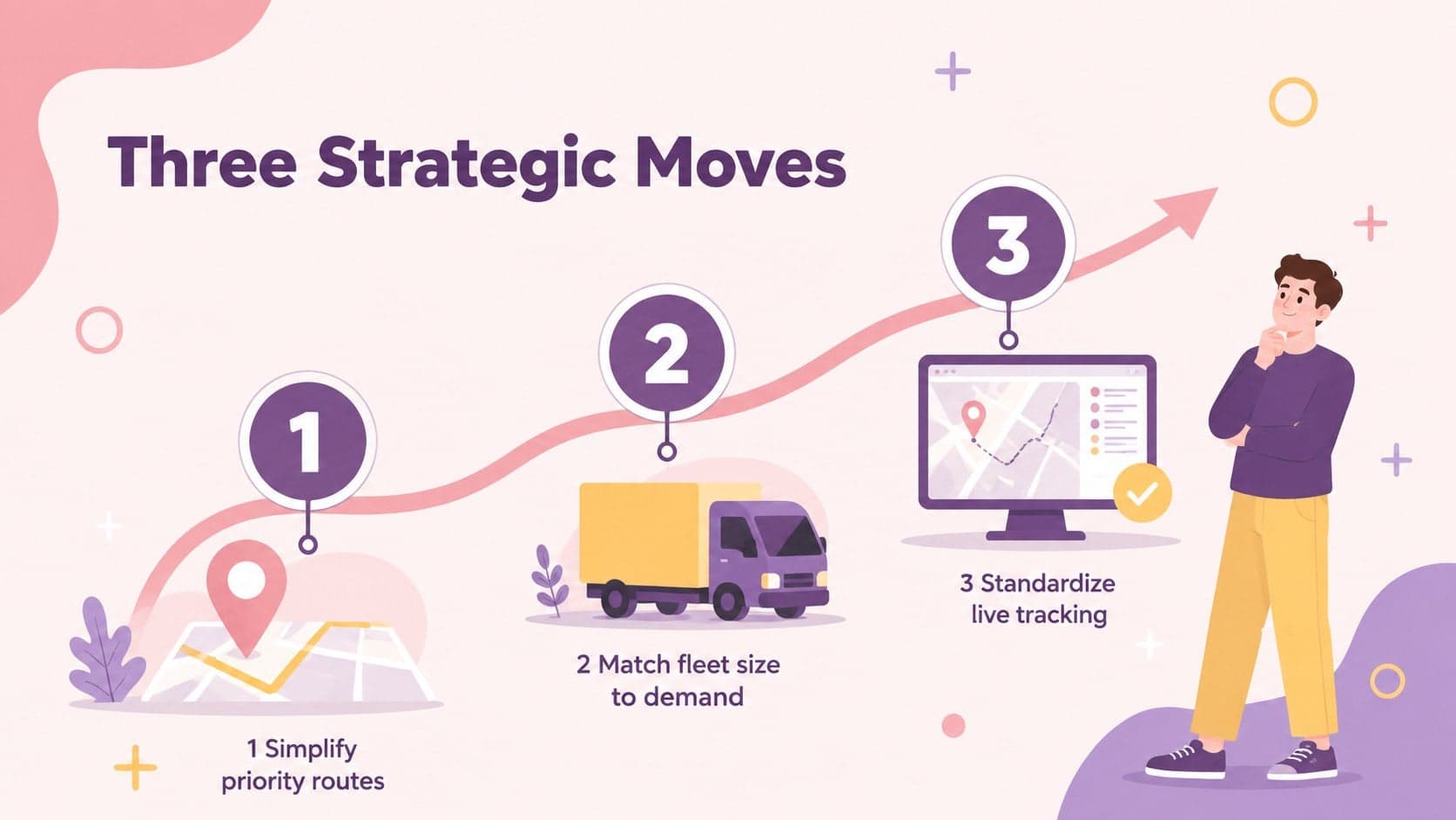 Logistics strategy slide outlining three recommendations for routes, fleet capacity, and tracking.