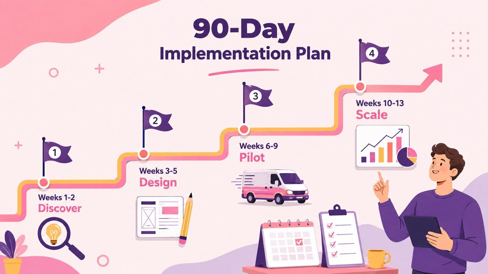 Logistics implementation timeline showing four phases from discovery through performance review.