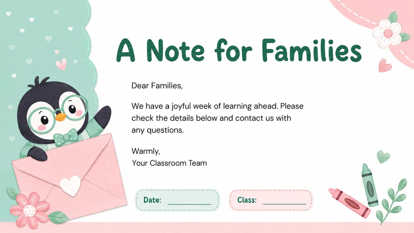Pink and green preschool parent communication template featuring a family note and original penguin illustration.