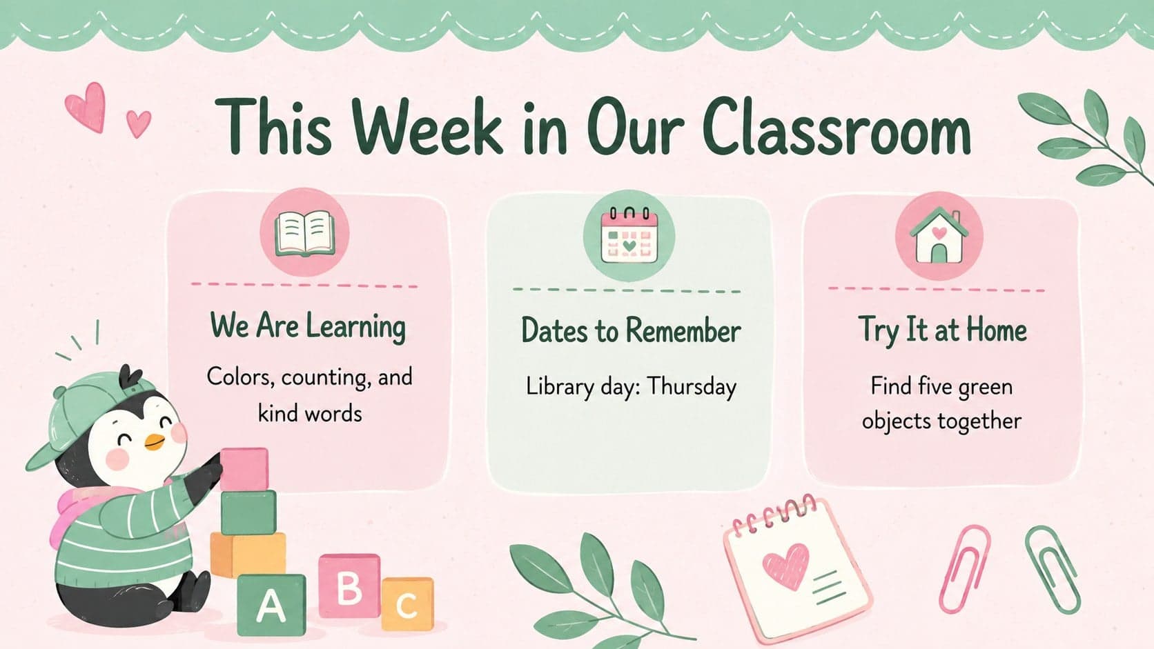 Editable penguin classroom stationery slide presenting a weekly preschool news update.